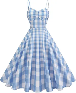 Vintage Plaid Prints Dresses for Women Sexy Straps A-Line Dress Square Neck Slimming Maxi Skirts Camp Court Wear