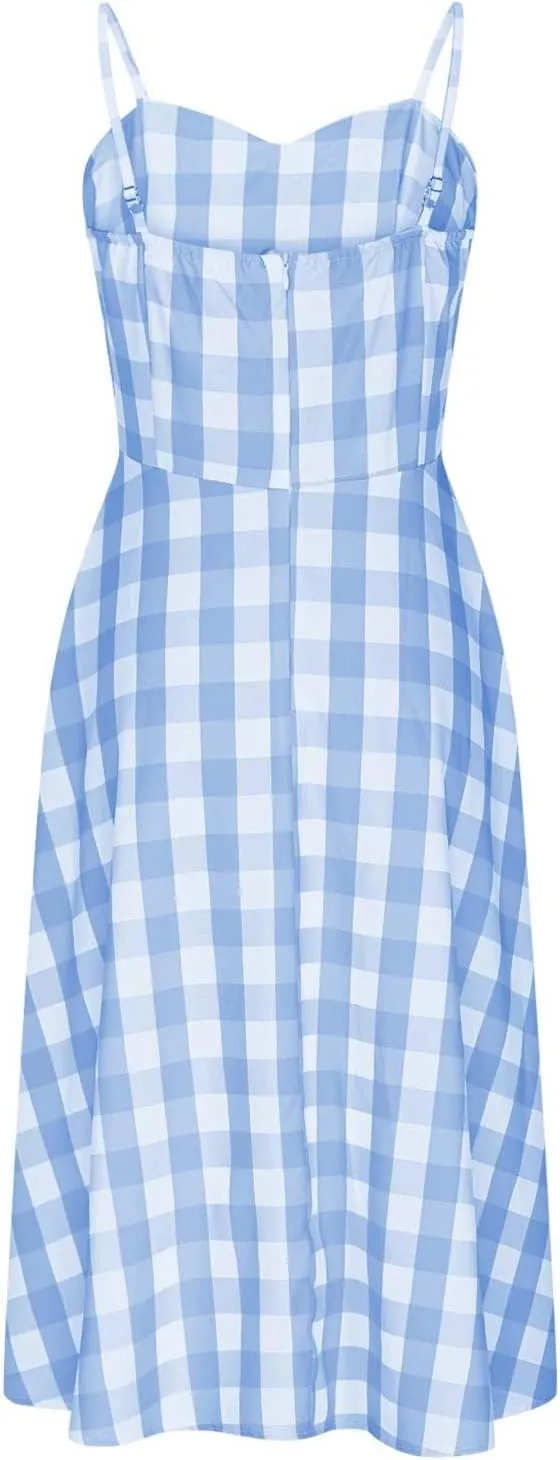Vintage Plaid Prints Dresses for Women Sexy Straps A-Line Dress Square Neck Slimming Maxi Skirts Camp Court Wear