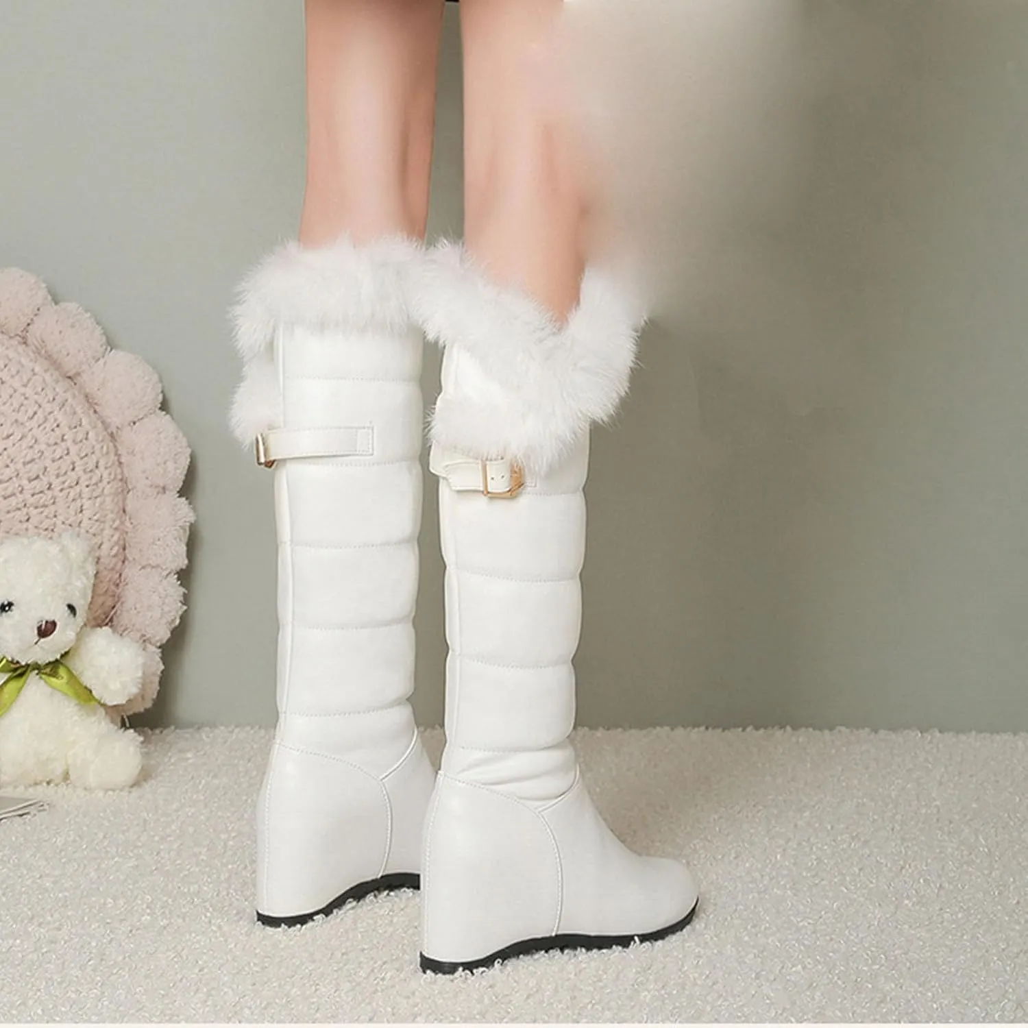 Wedge Heel Knee High Snow Boots, Short Plush Lining with Raw Edges for Warmth High Boots Slip On Thick Soled Straight Boots Belt Buckle Decoration Fashion Boots