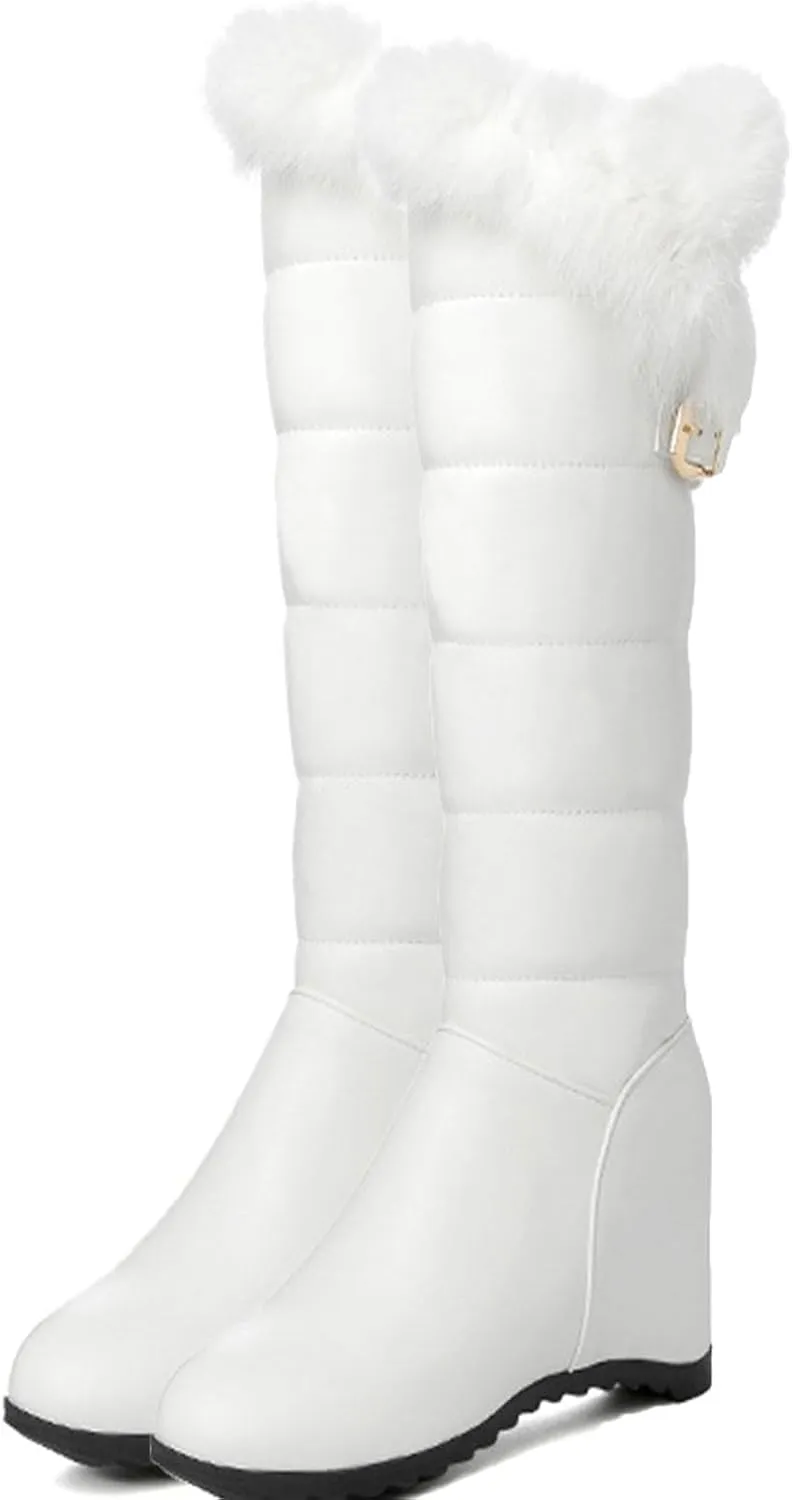 Wedge Heel Knee High Snow Boots, Short Plush Lining with Raw Edges for Warmth High Boots Slip On Thick Soled Straight Boots Belt Buckle Decoration Fashion Boots