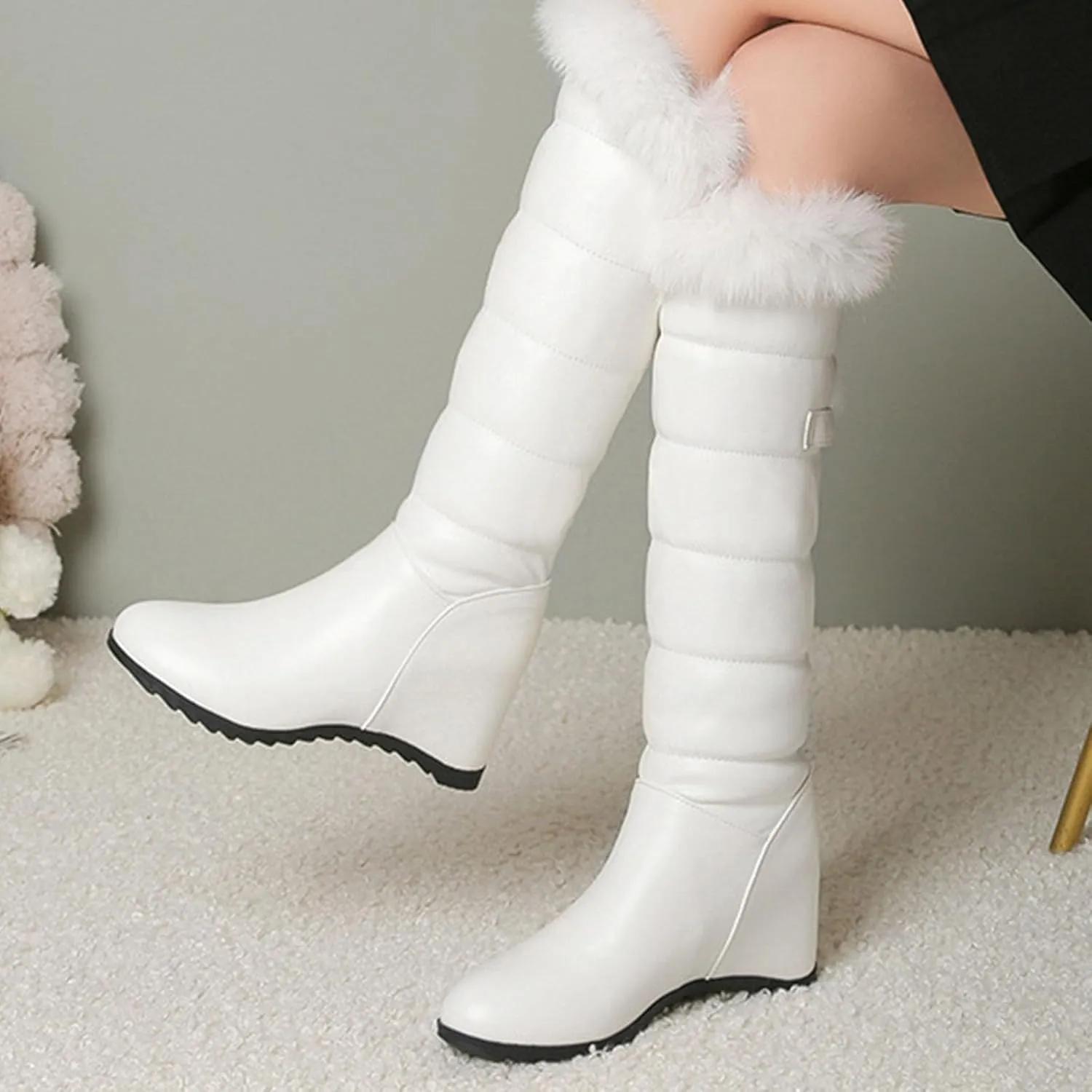 Wedge Heel Knee High Snow Boots, Short Plush Lining with Raw Edges for Warmth High Boots Slip On Thick Soled Straight Boots Belt Buckle Decoration Fashion Boots