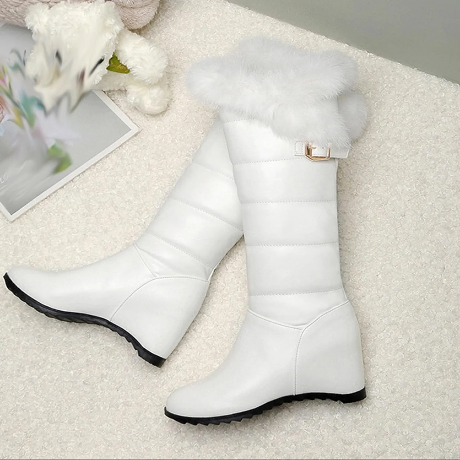 Wedge Heel Knee High Snow Boots, Short Plush Lining with Raw Edges for Warmth High Boots Slip On Thick Soled Straight Boots Belt Buckle Decoration Fashion Boots