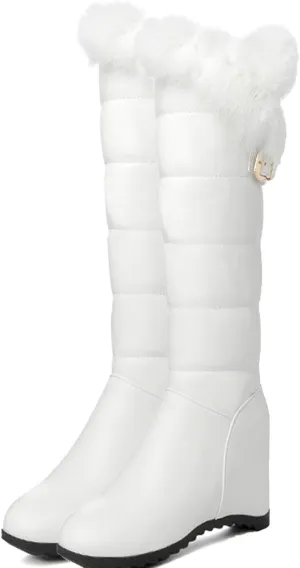 Wedge Heel Knee High Snow Boots, Short Plush Lining with Raw Edges for Warmth High Boots Slip On Thick Soled Straight Boots Belt Buckle Decoration Fashion Boots