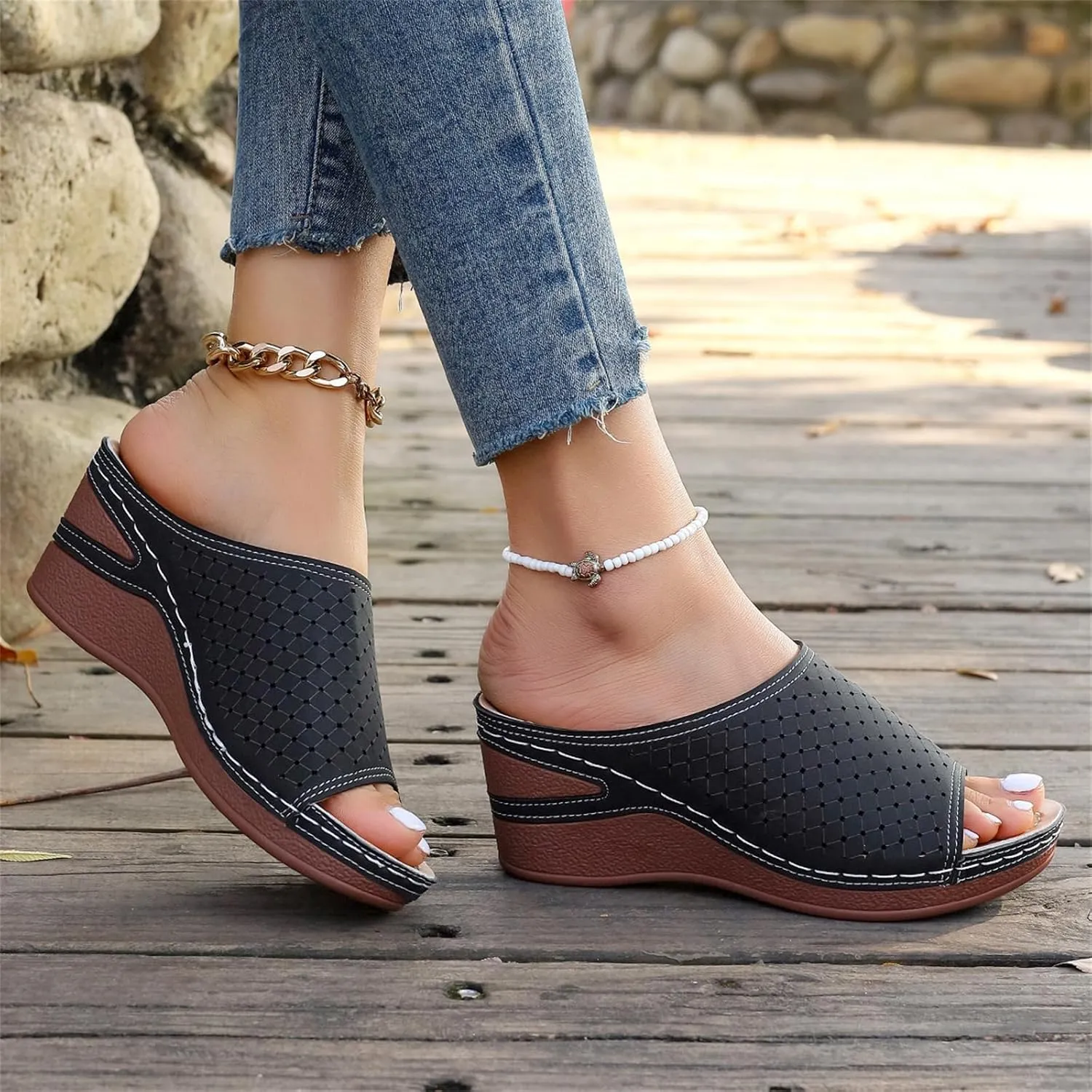 Wedge Sandals for Women Hollow Platform Shoes Slip On Walking Sandals Arch Support Wedge Slide Comfortable Open Toe Wedges Sport Slippers for Women Indoor and Outdoor Casual Breathable Shoes