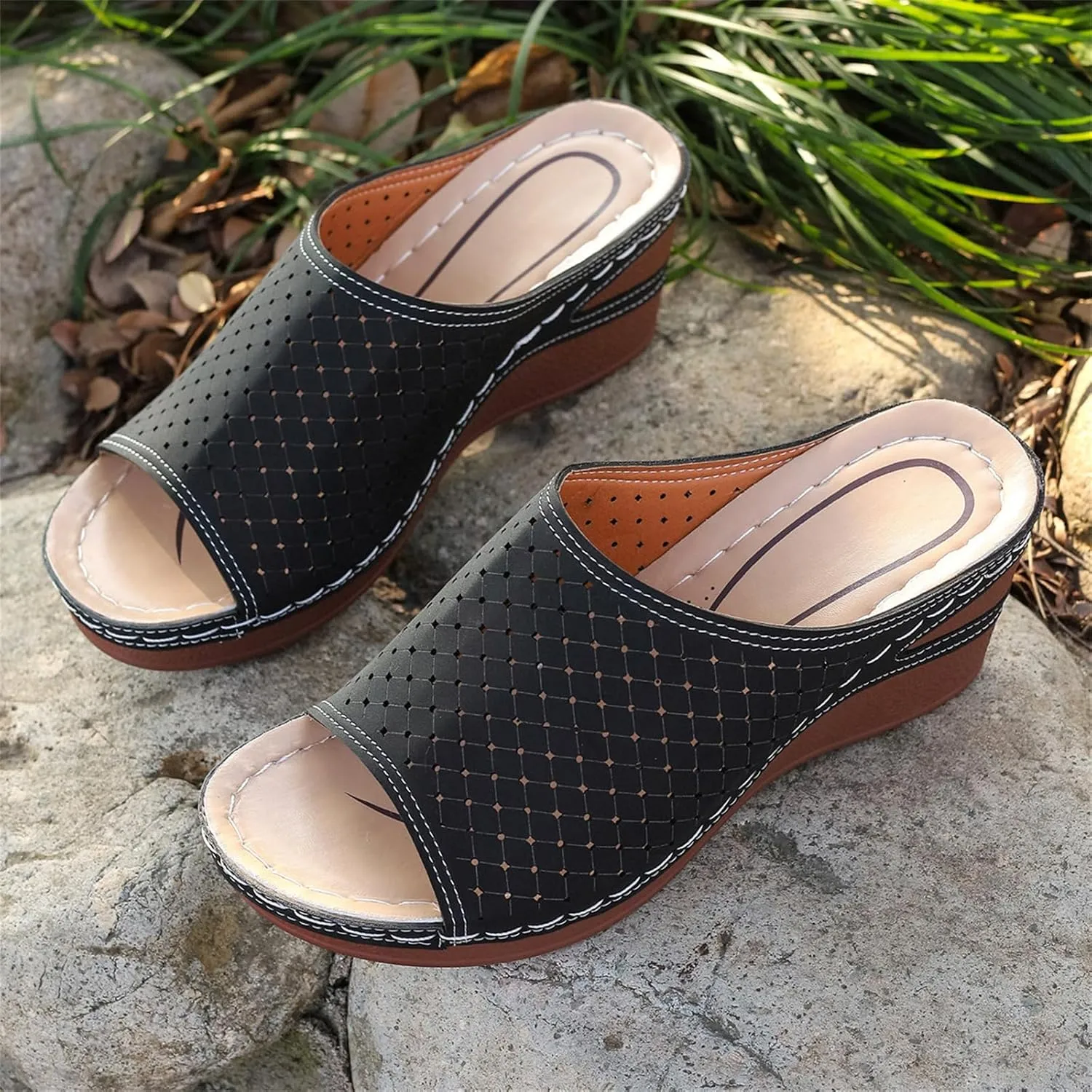 Wedge Sandals for Women Hollow Platform Shoes Slip On Walking Sandals Arch Support Wedge Slide Comfortable Open Toe Wedges Sport Slippers for Women Indoor and Outdoor Casual Breathable Shoes