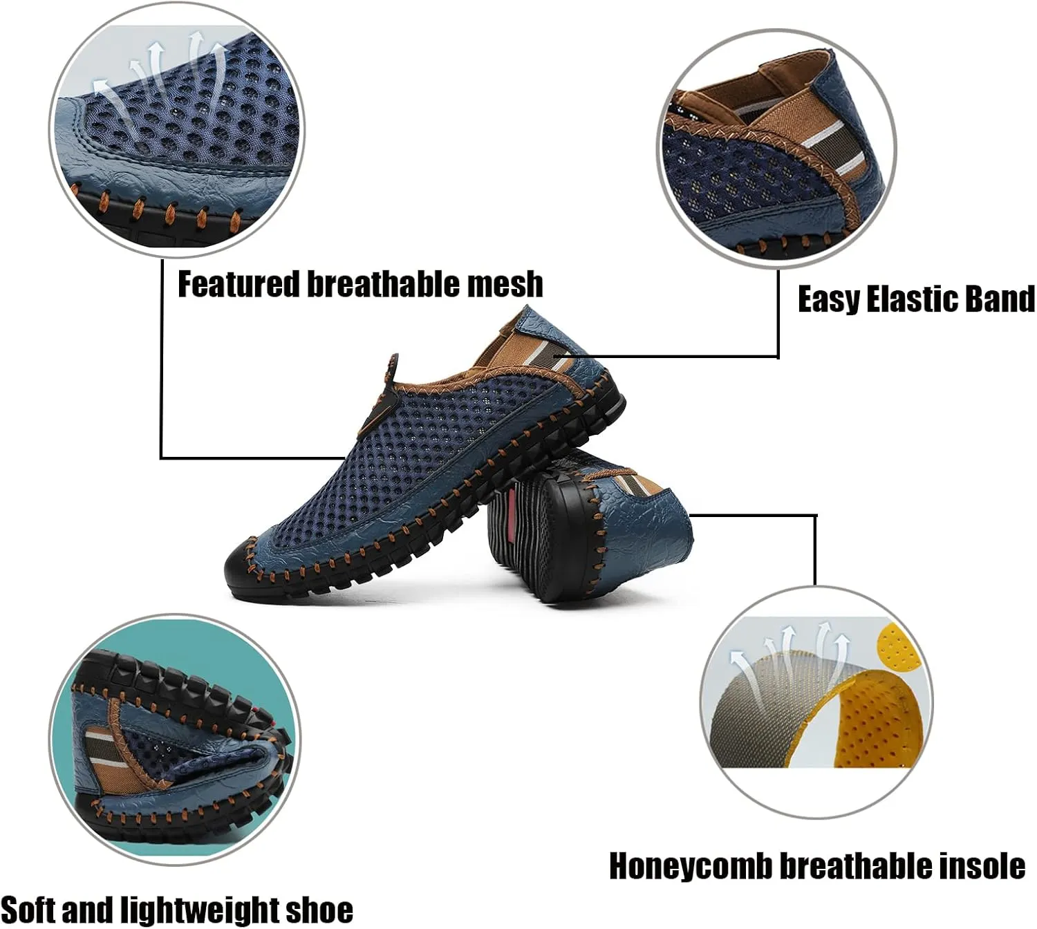 WENOREG Men's Mesh Breathable Walking Slip-On Loafers,Fashion Outdoor Lightweight Handmade Stitching Honeycomb Soft Bottom Walking Driving Water Shoes Casual Sandals