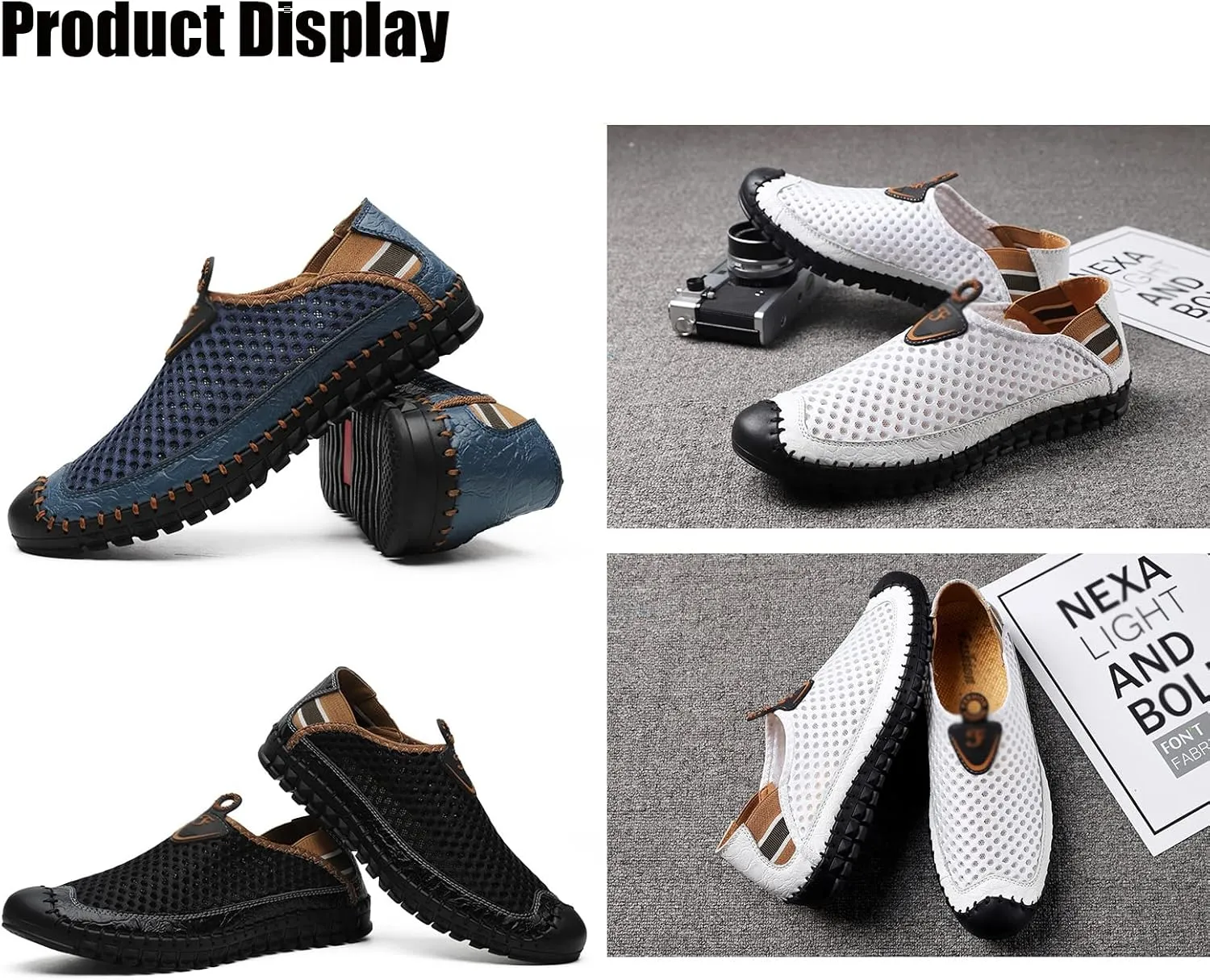 WENOREG Men's Mesh Breathable Walking Slip-On Loafers,Fashion Outdoor Lightweight Handmade Stitching Honeycomb Soft Bottom Walking Driving Water Shoes Casual Sandals