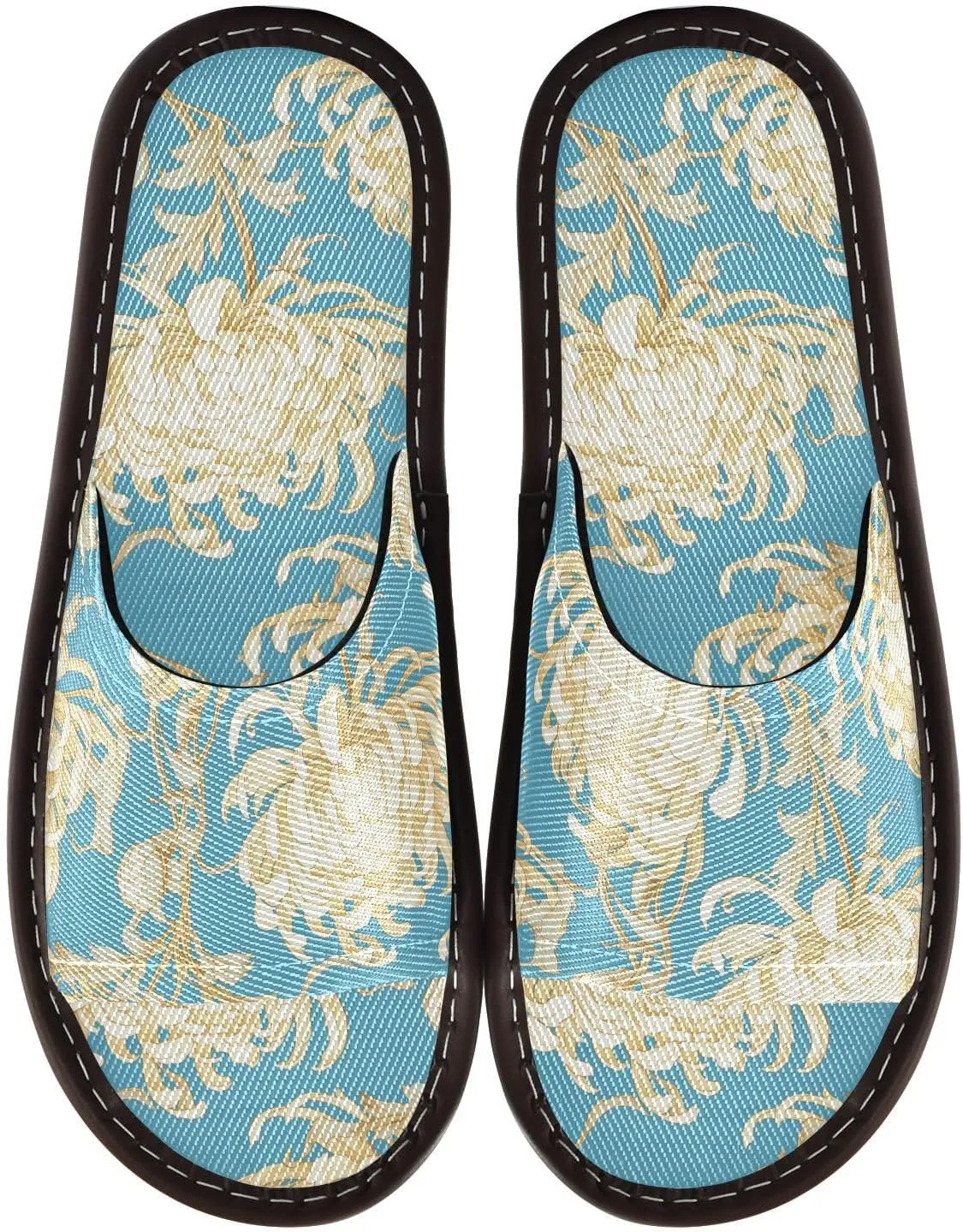 White Chrysanthemum Cyan Men Women Spa Shower Slippers Portable Non Slip Sandals for Outdoor Hotel Hotel