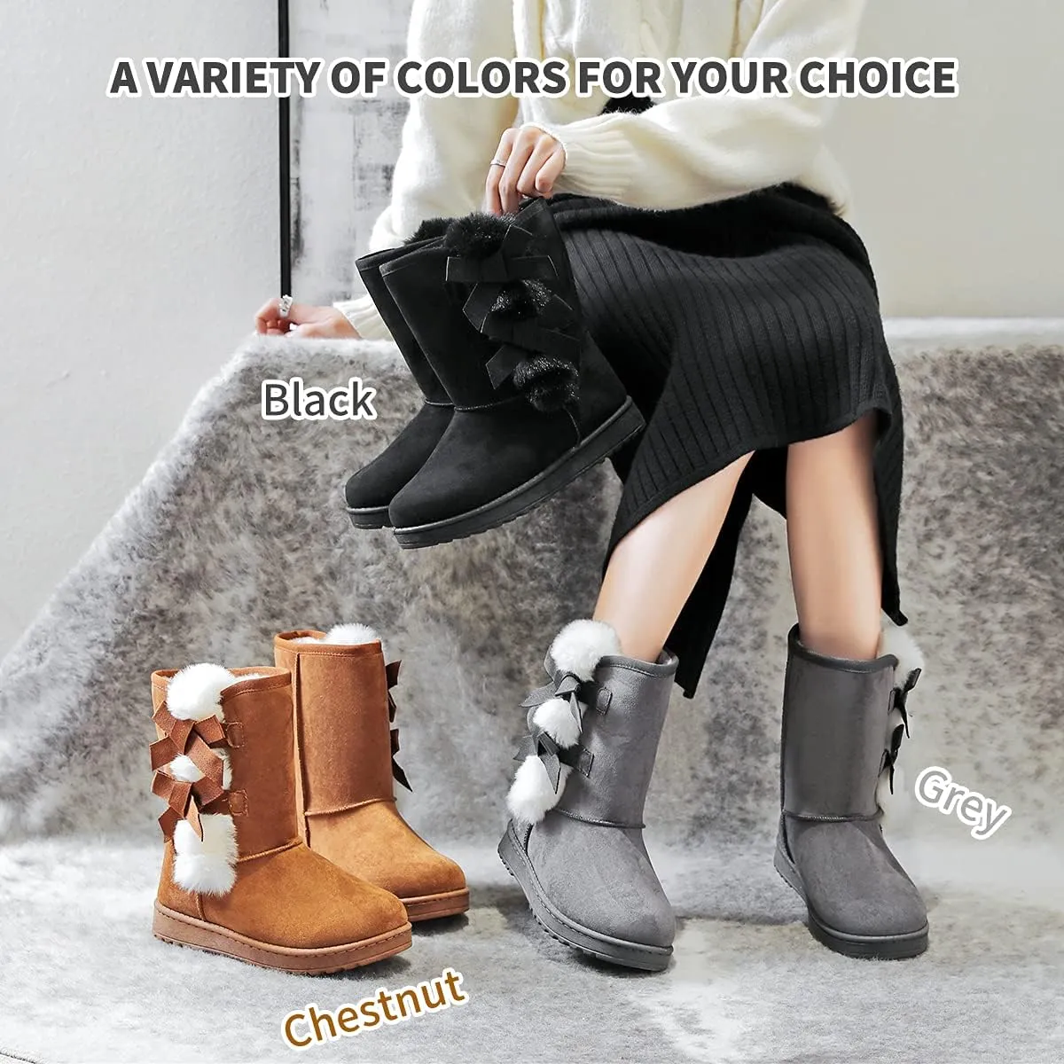 Witwatia Winter Snow Boots for Women Mid Calf Warm Fur Lined Boots Ladies Slip on Fashion Bootie