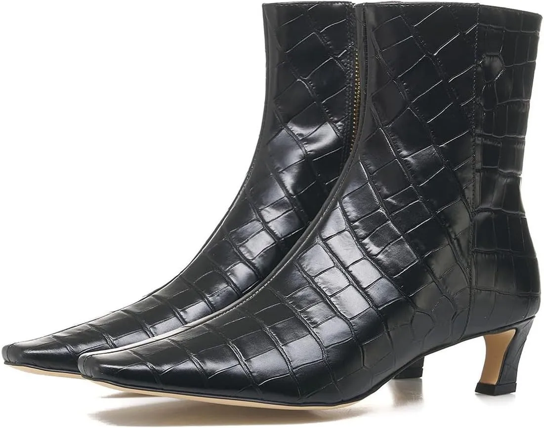 Women Chic Square Toe Low Kitten Heel Ankle Boots Zip Up Comfortable Fall Winter Club Event Daily Booties Size 4-16 US