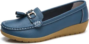 Women Loafers Soft Cow Leather Slip On Moccasin Boat Shoes Hand Sewn Soft Bottom Non-Slip Wedge Mother Fashion Dress Shoe