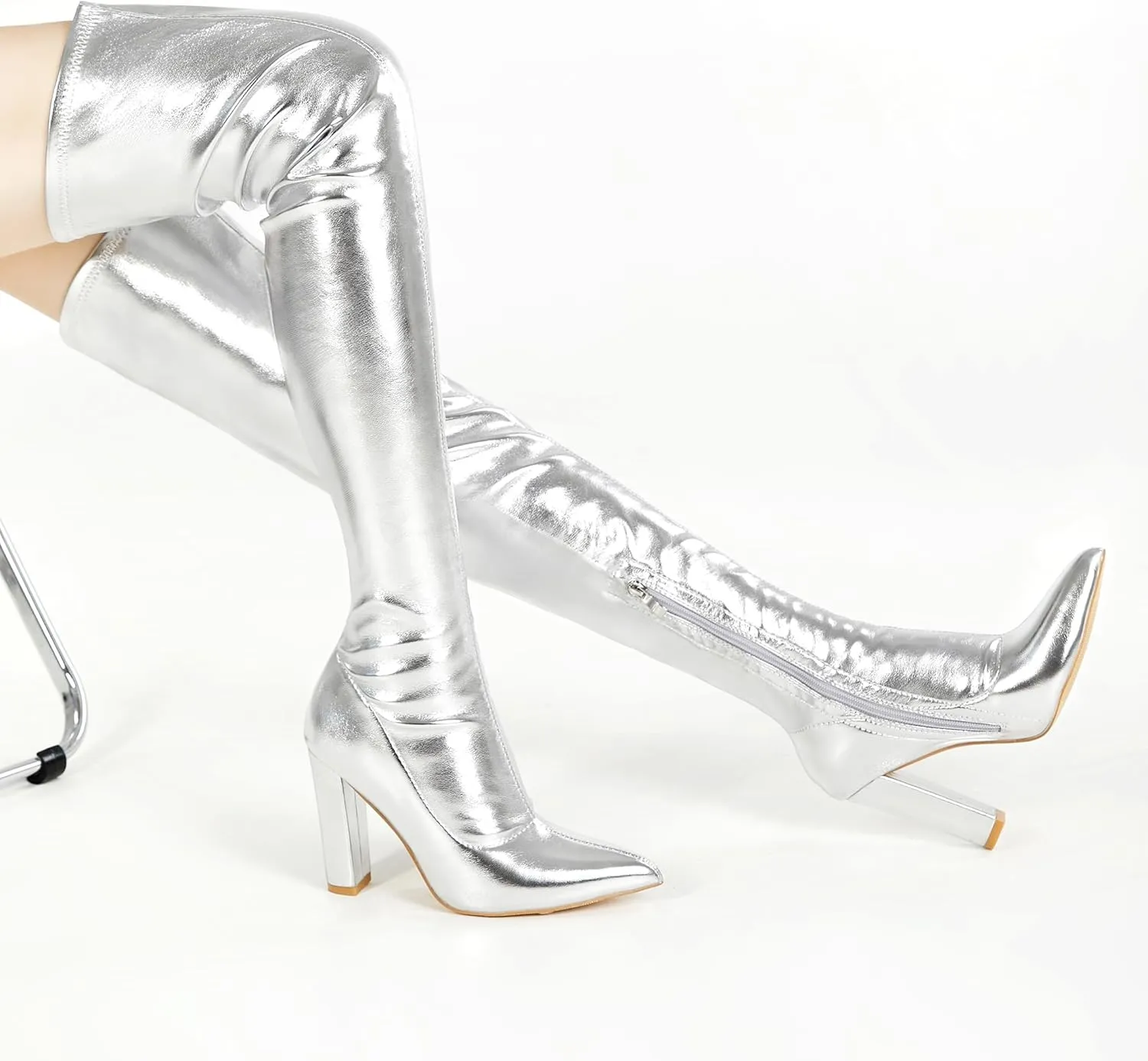 Women Thigh High Boots Chunky Heel Over The Knee Boots Patent Leather PU Stretchy Tall Boots Sexy Pointed Toe Fashion GOGO Boots Prom Party Knee High Boots