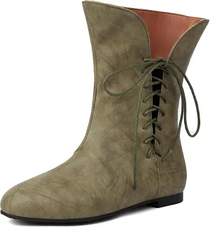 Women Vintage Flats Short Boots Lace Up COS Medieval Men's Faux Leather Gothic Shoes