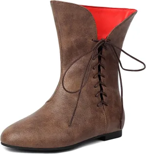 Women Vintage Flats Short Boots Lace Up COS Medieval Men's Faux Leather Gothic Shoes