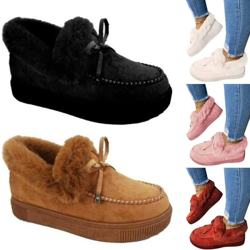 Women Winter Warm Faux Fur Lined Booties Ankle Moccasin Slippers Loafers Shoes (Black,10.5)