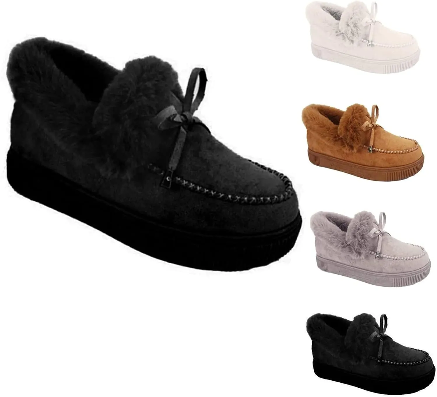 Women Winter Warm Faux Fur Lined Booties Ankle Moccasin Slippers Loafers Shoes (Black,10.5)