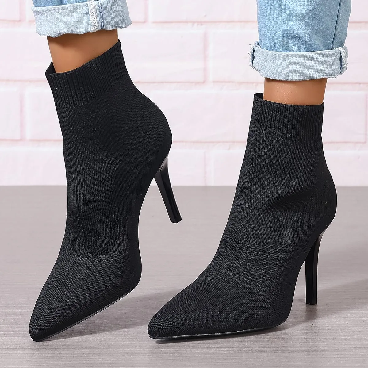 Women's Ankle Boots Stretch Elastic Knit Pointed Toe Stiletto Heel Breathable Fashion Sock Booties