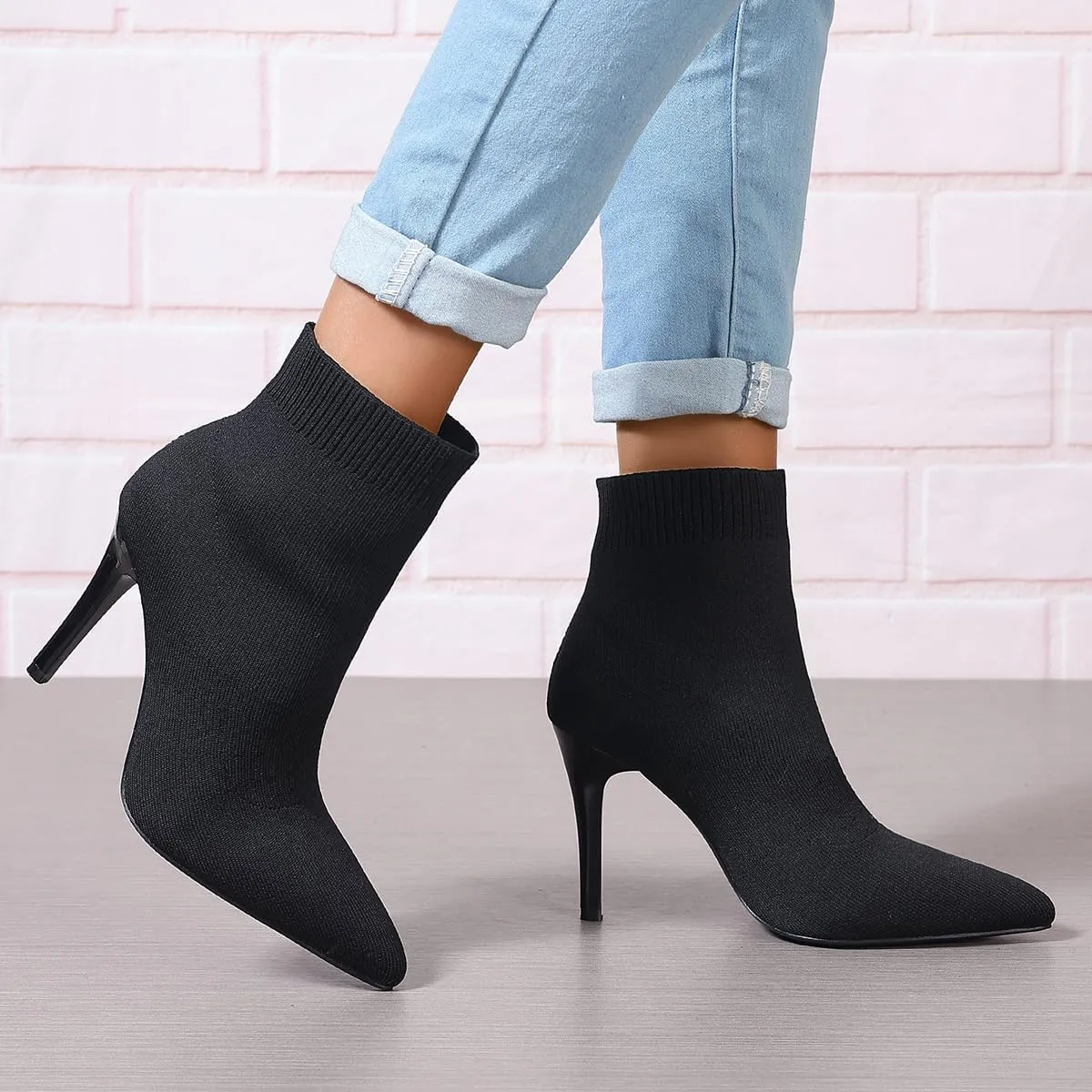Women's Ankle Boots Stretch Elastic Knit Pointed Toe Stiletto Heel Breathable Fashion Sock Booties