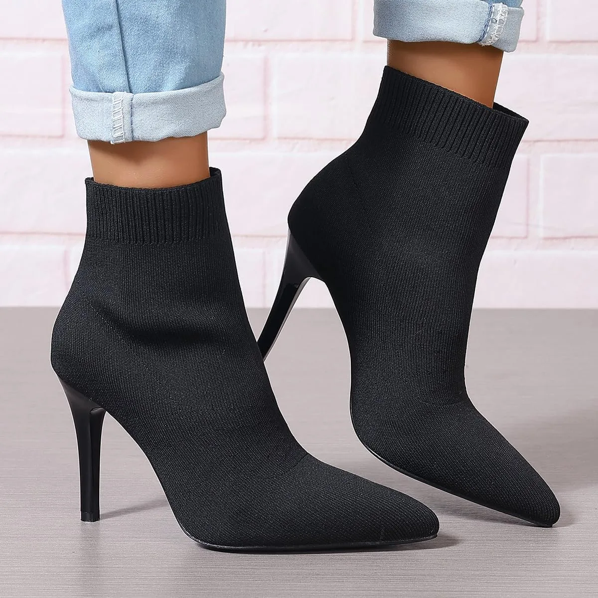 Women's Ankle Boots Stretch Elastic Knit Pointed Toe Stiletto Heel Breathable Fashion Sock Booties