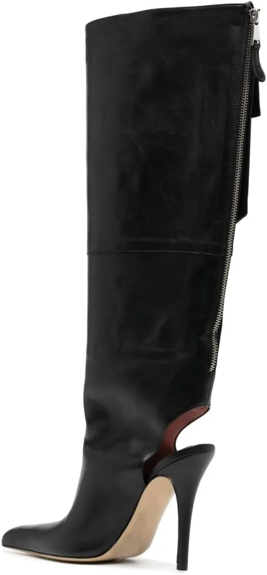 Women's Black Leather Knee High Boots - Stiletto Heel, Pointed Toe, Side Cargo Pockets, Sexy Back Zipper Pull-On Dress Y2K Boots for Party & Evening Wear