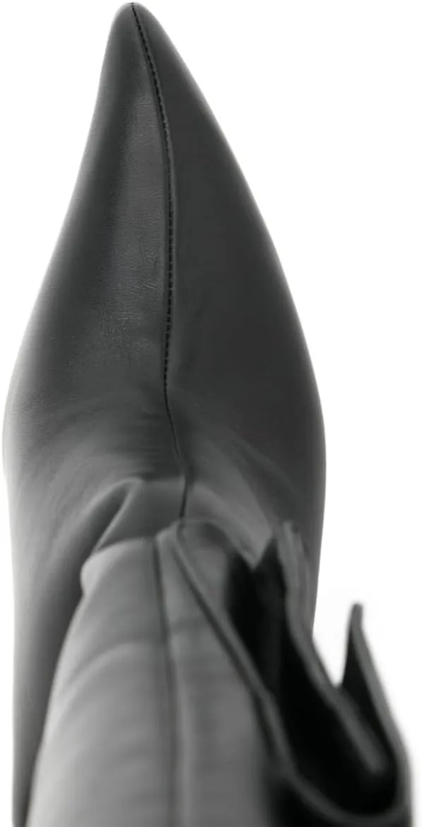 Women's Black Leather Knee High Boots - Stiletto Heel, Pointed Toe, Side Cargo Pockets, Sexy Back Zipper Pull-On Dress Y2K Boots for Party & Evening Wear