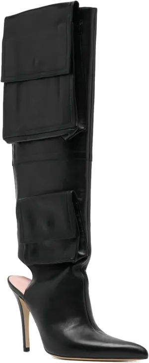 Women's Black Leather Knee High Boots - Stiletto Heel, Pointed Toe, Side Cargo Pockets, Sexy Back Zipper Pull-On Dress Y2K Boots for Party & Evening Wear