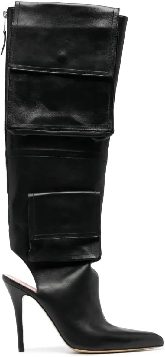Women's Black Leather Knee High Boots - Stiletto Heel, Pointed Toe, Side Cargo Pockets, Sexy Back Zipper Pull-On Dress Y2K Boots for Party & Evening Wear