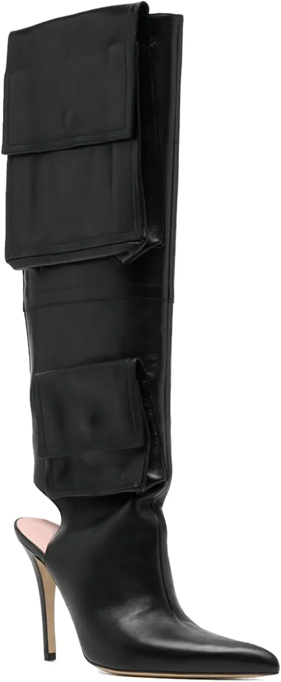 Women's Black Leather Knee High Boots - Stiletto Heel, Pointed Toe, Side Cargo Pockets, Sexy Back Zipper Pull-On Dress Y2K Boots for Party & Evening Wear