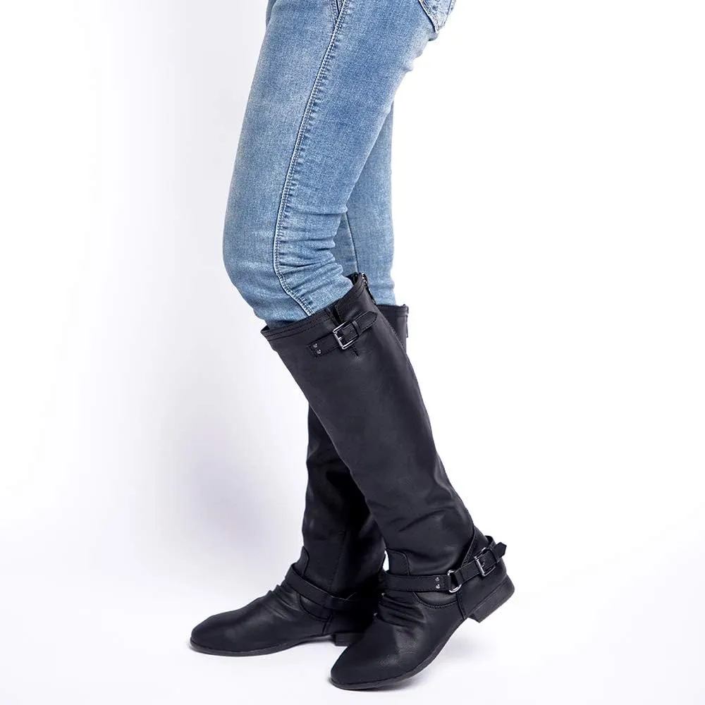 Women’s Block Low Heel Knee High Boots Zipper Closure with Buckle Fashion Riding Boots