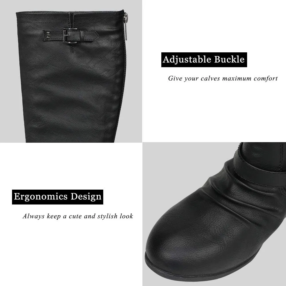 Women’s Block Low Heel Knee High Boots Zipper Closure with Buckle Fashion Riding Boots