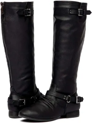 Women’s Block Low Heel Knee High Boots Zipper Closure with Buckle Fashion Riding Boots