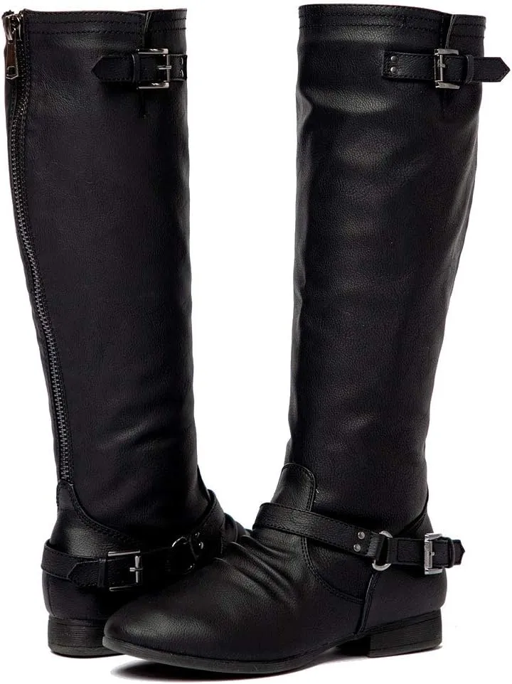 Women’s Block Low Heel Knee High Boots Zipper Closure with Buckle Fashion Riding Boots