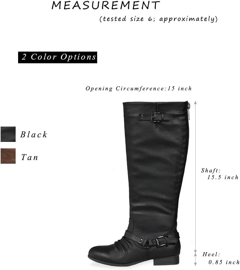 Women’s Block Low Heel Knee High Boots Zipper Closure with Buckle Fashion Riding Boots