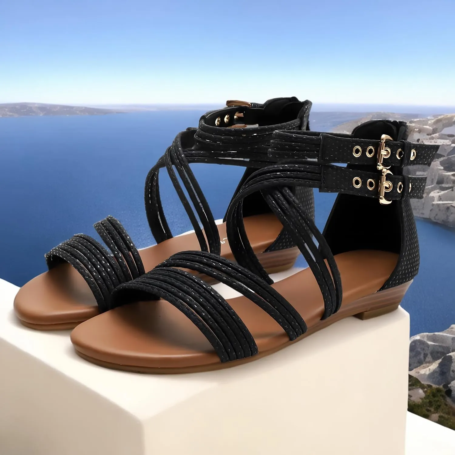 Women's Boho Chic Strappy Sandals - Adjustable Summer Sandals with Flat Sole | Comfortable Casual Beach Sandals for Women, Lightweight Bohemian Walking Shoes