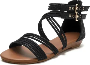 Women's Boho Chic Strappy Sandals - Adjustable Summer Sandals with Flat Sole | Comfortable Casual Beach Sandals for Women, Lightweight Bohemian Walking Shoes