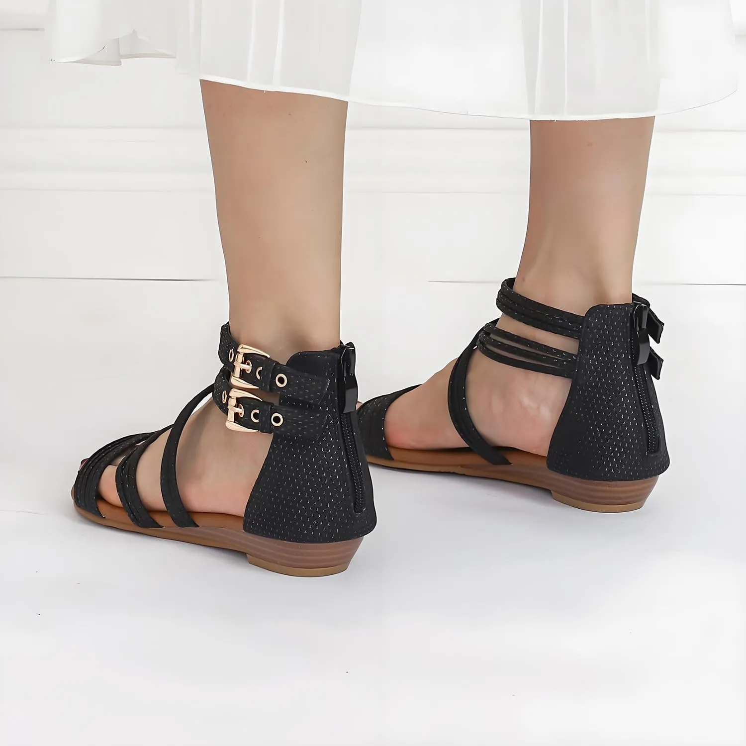 Women's Boho Chic Strappy Sandals - Adjustable Summer Sandals with Flat Sole | Comfortable Casual Beach Sandals for Women, Lightweight Bohemian Walking Shoes