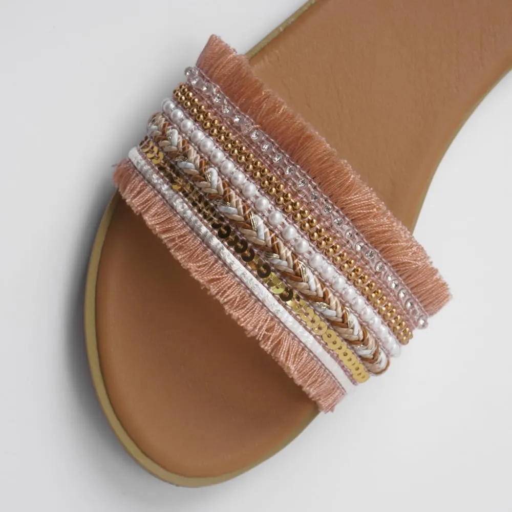 Women's Boho Tassel Fringe Dressy Open Toe Slip on Slide Vacation Beach Flat Sandals Slippers