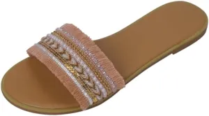 Women's Boho Tassel Fringe Dressy Open Toe Slip on Slide Vacation Beach Flat Sandals Slippers