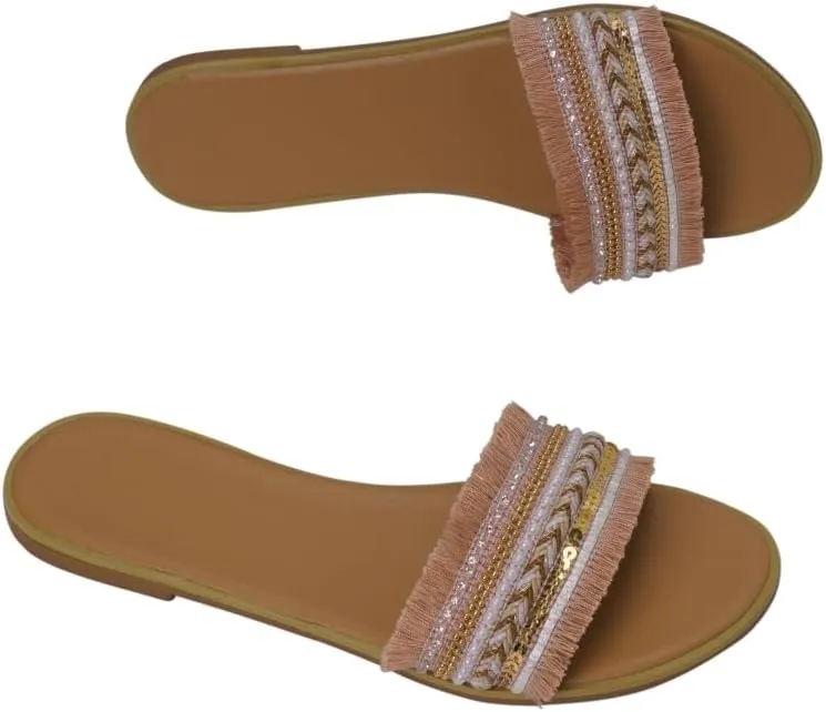 Women's Boho Tassel Fringe Dressy Open Toe Slip on Slide Vacation Beach Flat Sandals Slippers