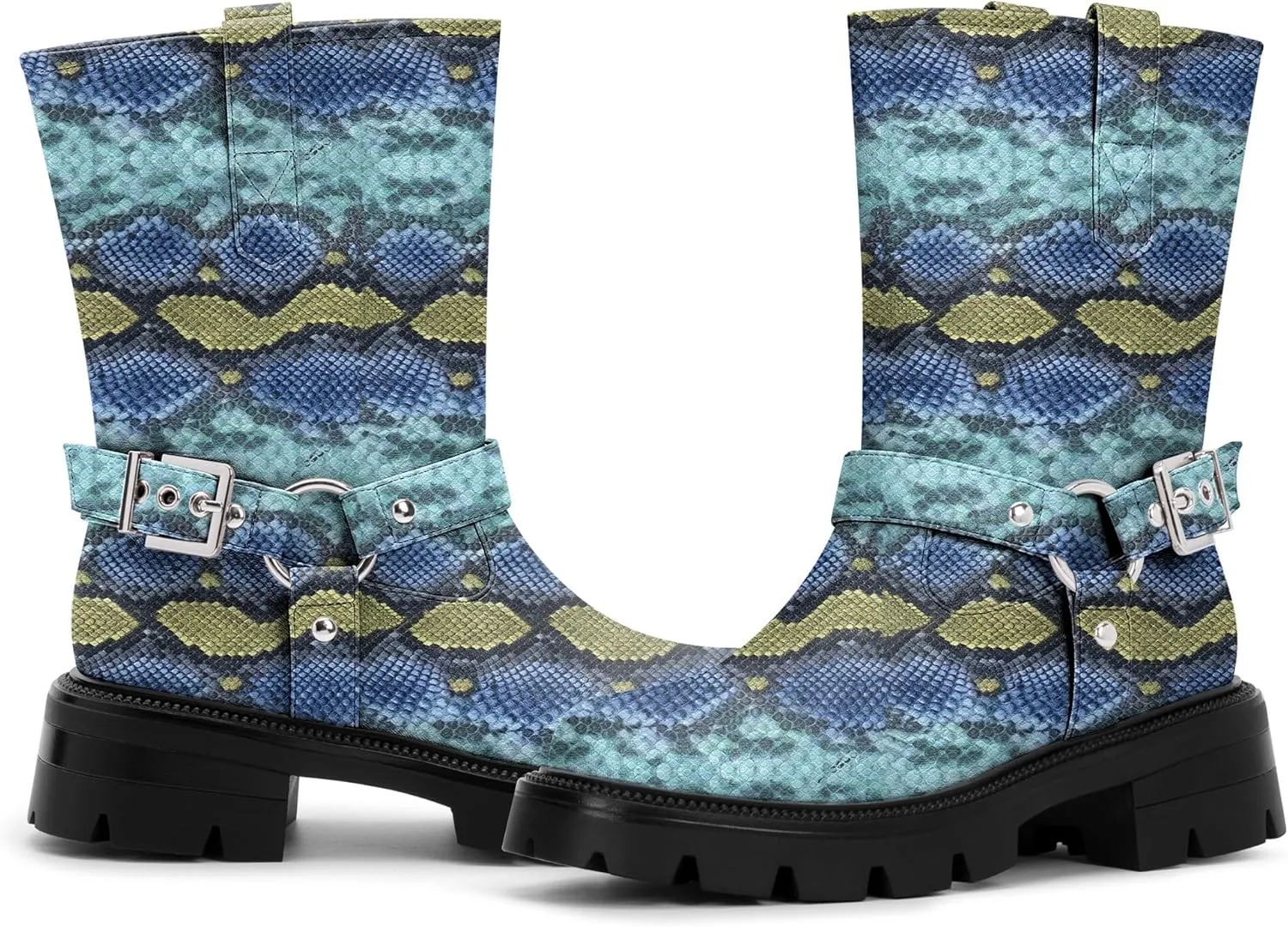Women's Chunky Heel Round Toe Mid Calf Boots Buckle Strap Platform Biker Boots