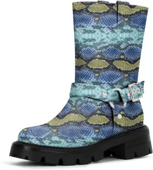 Women's Chunky Heel Round Toe Mid Calf Boots Buckle Strap Platform Biker Boots