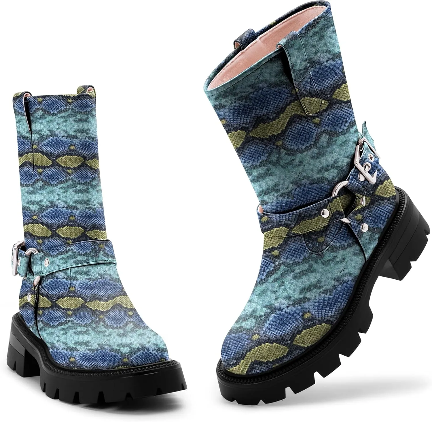 Women's Chunky Heel Round Toe Mid Calf Boots Buckle Strap Platform Biker Boots