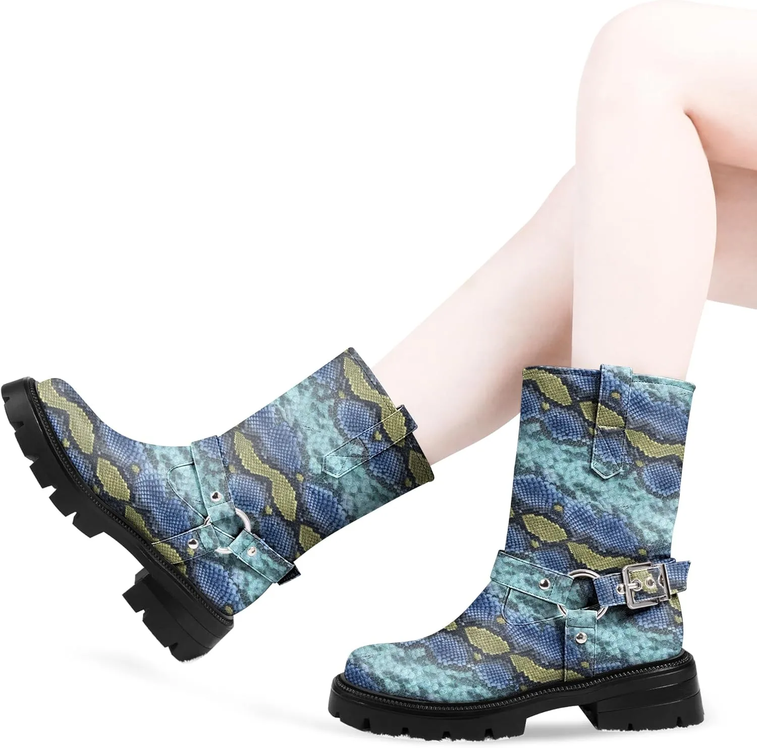 Women's Chunky Heel Round Toe Mid Calf Boots Buckle Strap Platform Biker Boots