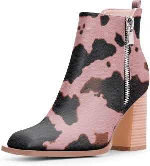 Women's Chunky High Heel Ankle Boots Side Zipper Square Toe Dress Booties