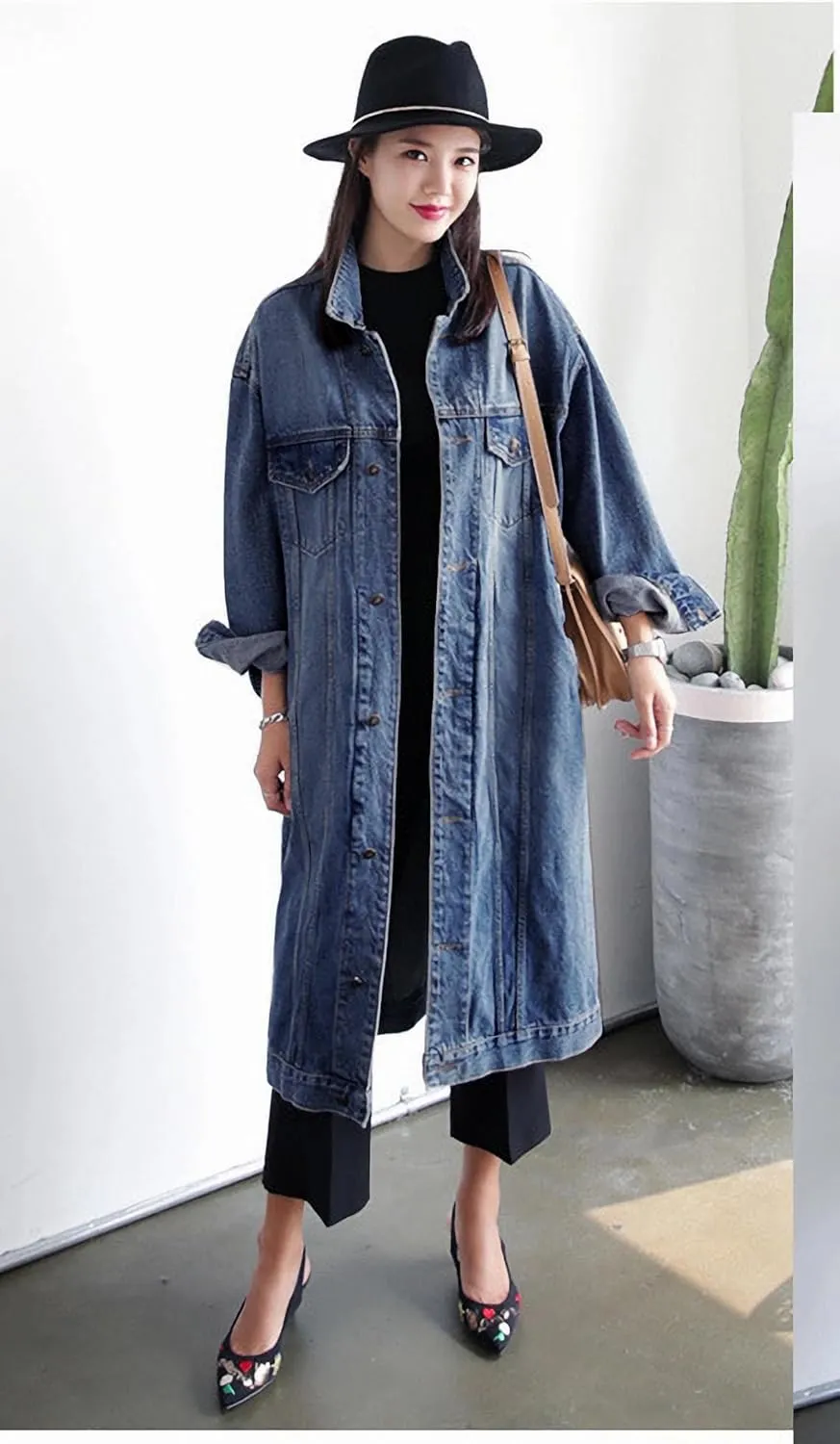 Womens Classic Jean Jacket Plus Size Loose Long Sleeve Button Down Denim Trench Coat