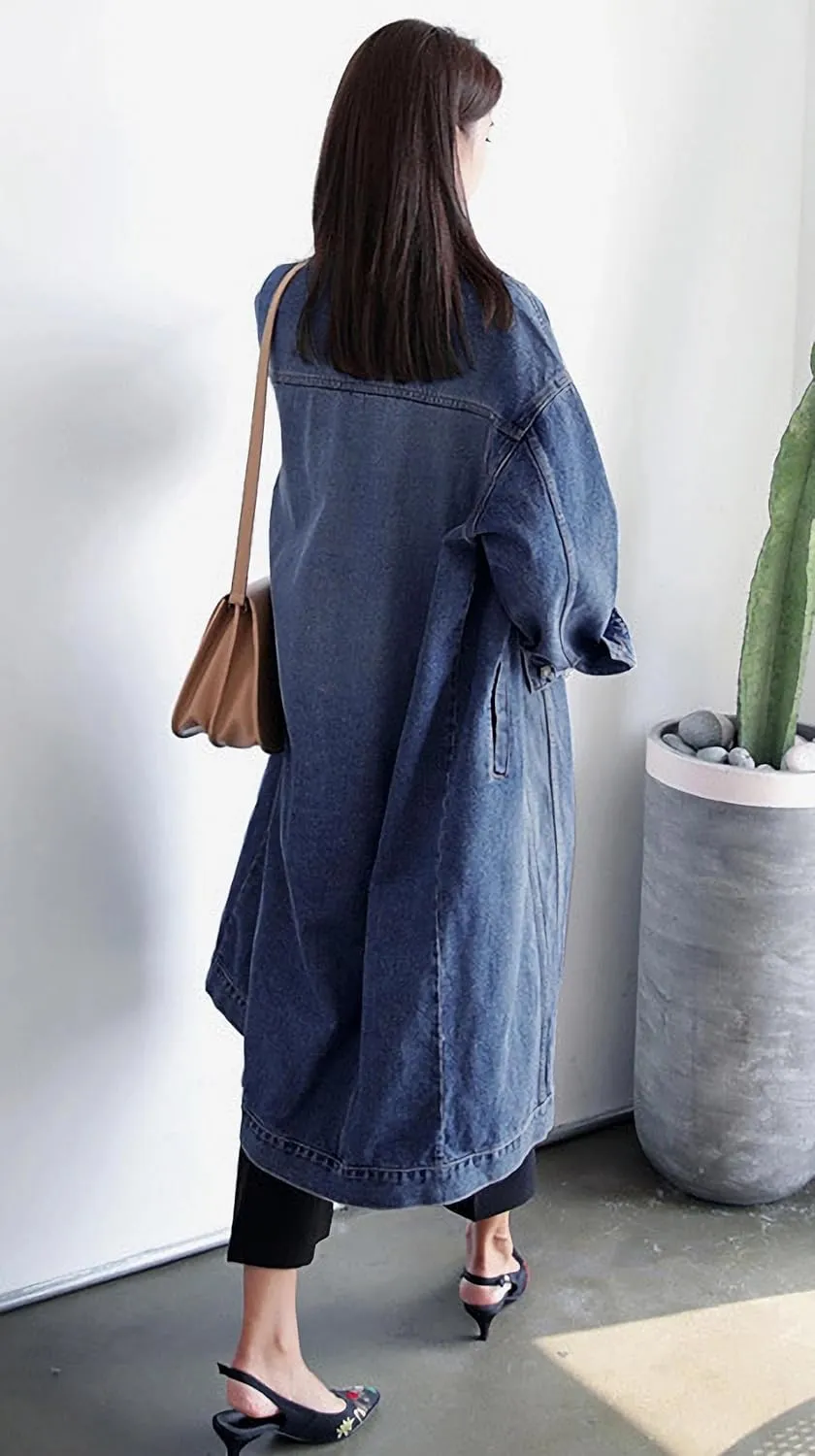 Womens Classic Jean Jacket Plus Size Loose Long Sleeve Button Down Denim Trench Coat