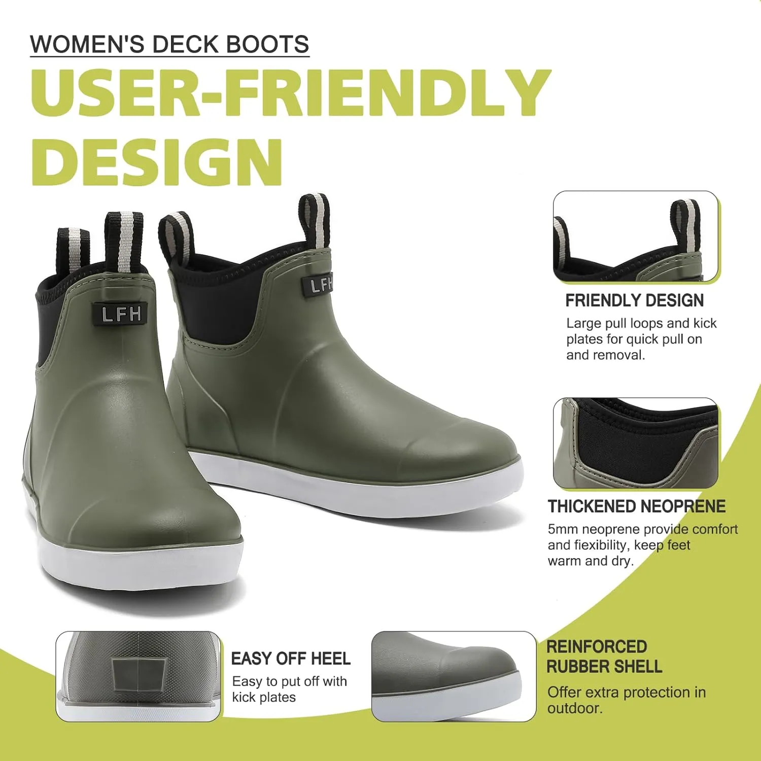 Women's Deck Boots, Waterproof Ankle Rain Boots with Anti-Slip Traction, Rubber Garden & Fishing Boots for Boating, Camping, Farming & Outdoor Work
