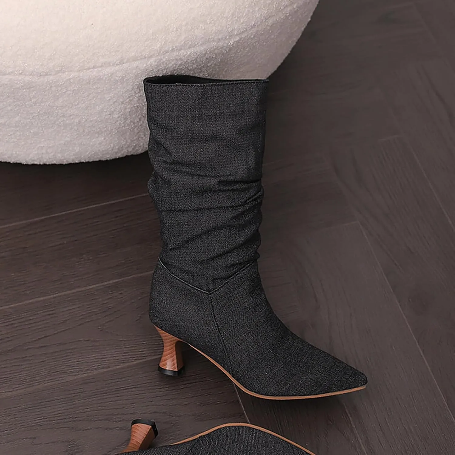 Women's Denim Mid-Calf Boots Western Cowboy Cowgirl Boots Sexy Pointed Toe Kitten Heel Boots Fashion Classic Dress Shoes Low Heeled Fall Boots Pull On Slouch Boot Ruched Wide Calf Boots