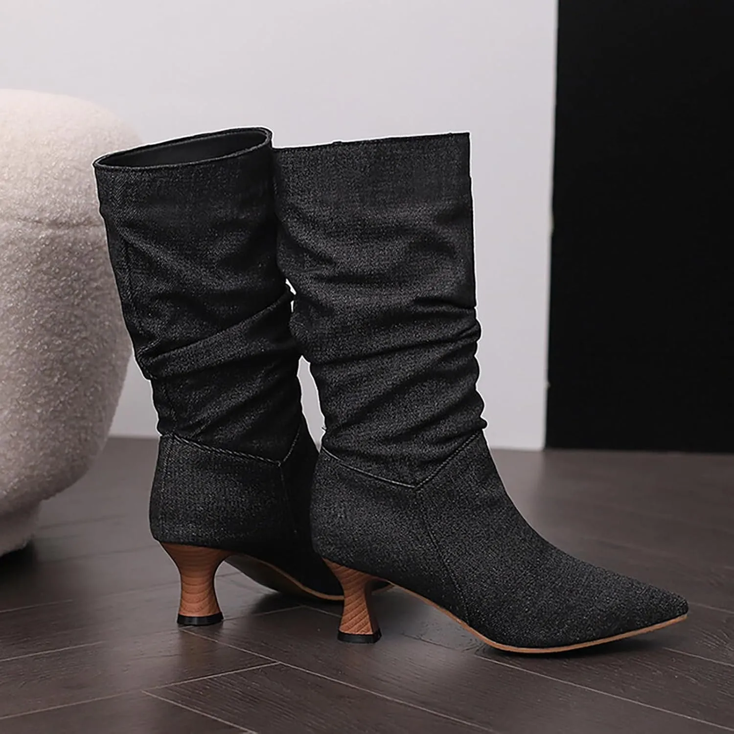 Women's Denim Mid-Calf Boots Western Cowboy Cowgirl Boots Sexy Pointed Toe Kitten Heel Boots Fashion Classic Dress Shoes Low Heeled Fall Boots Pull On Slouch Boot Ruched Wide Calf Boots