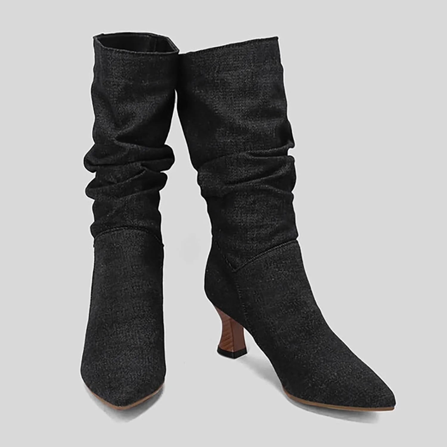 Women's Denim Mid-Calf Boots Western Cowboy Cowgirl Boots Sexy Pointed Toe Kitten Heel Boots Fashion Classic Dress Shoes Low Heeled Fall Boots Pull On Slouch Boot Ruched Wide Calf Boots